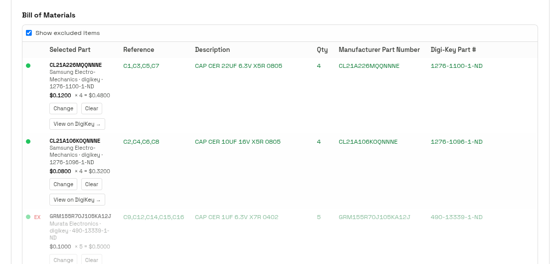 Pikkolo BOM matching interface showing parts matched to DigiKey part numbers